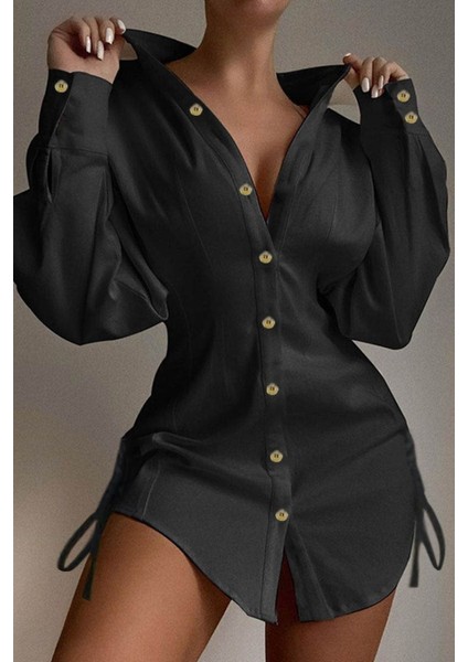 Kadın Uzun Kollu Gömlek Yaka Önden Düğmeli Yanlardan Büzgülü Kısa Aerobin Elbise indirimleri