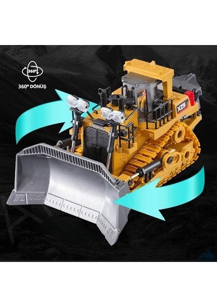 2.4ghz Uzaktan Kumandalı Işıklı Metal Alaşım Hareketli Kepçeli Paletli Buldozer Iş Makinesi modelleri