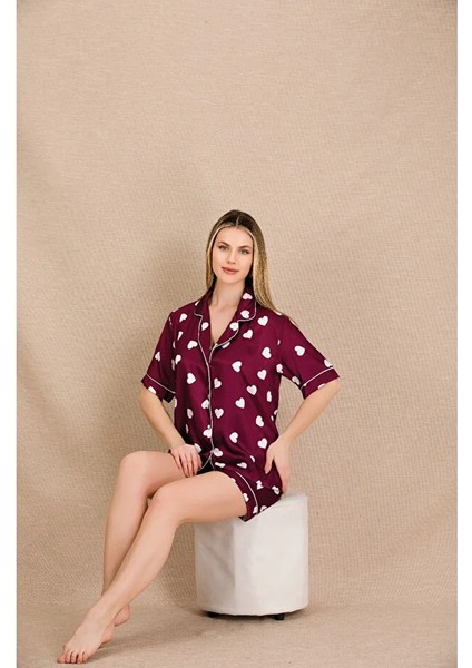 Lady Lingerie Gömlek Yakalı,kısa Kollu,kalp Desenli Şortlu Saten Kadın Takım