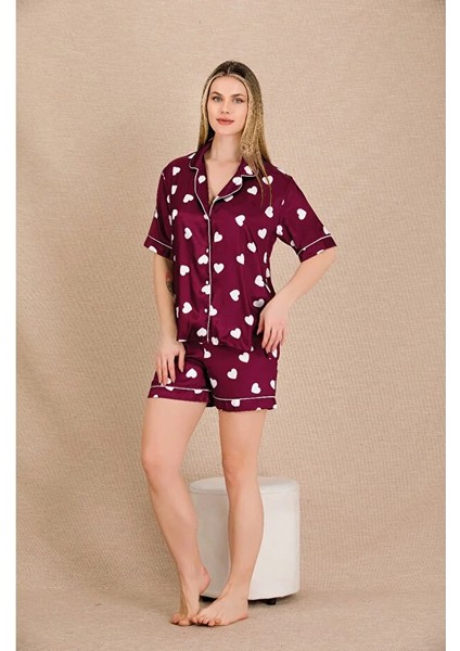 Lady Lingerie Gömlek Yakalı,kısa Kollu,kalp Desenli Şortlu Saten Kadın Takım fiyatları