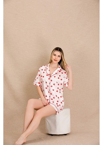 Lady Lingerie Gömlek Yakalı,kısa Kollu,kalp Desenli Şortlu Saten Kadın Takım