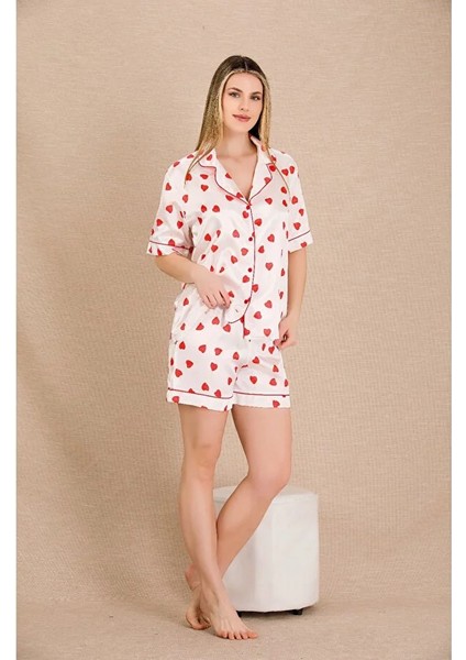 Lady Lingerie Gömlek Yakalı,kısa Kollu,kalp Desenli Şortlu Saten Kadın Takım fiyatları