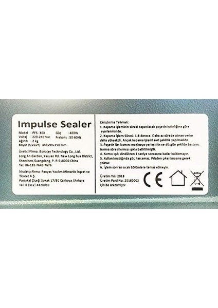 Pfs PFS-300I Metal Gövde Poşet Ağzı Kapama Yapıştırma Kapatma Makinesi, Siyah