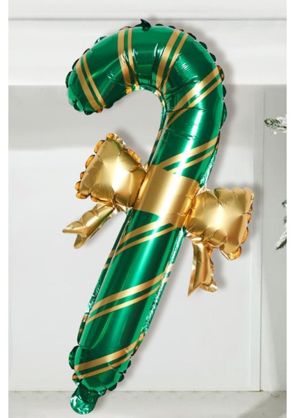 Yılbaşı Fiyonklu Baston Kamış Şeker Folyo Balon 65-37 cm Yeşil