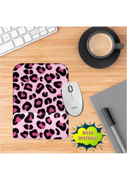 Pembe Leopar Baskılı Mouse Pad Bilek Destekli