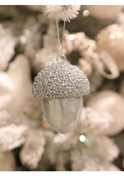 Yılbaşı Ağaç Süsü Meşe Palamudu Asılabilir Lüks Dekoratif Süs Gümüş 10 cm