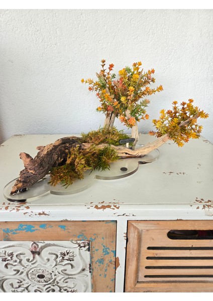 El Yapımı Doğal Ağaç Dekor – Sonbahar Renkli Yapay Çiçekli Masa Üstü Tasarım modelleri