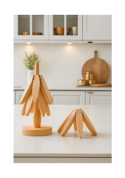 Standlı 4’lü Bambu Seti – Açılıp Kapanabilir Çaydanlık ve Tencere Altlığı, Isı Yalıtımlı Doğal Bambu Çaydanlık Nihalesi, Mutfak Tezgah Koruyucu