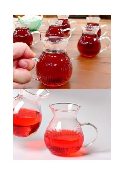 Borosilikat Cam Çay Bardağı Seti, Çizgili Desenli, Kulplu, 6 Adet, Tombul Fincan Tasarımı Çizgili Borosilikat Cam Kulplu Çay Bardağı 220ML Bardak modelleri