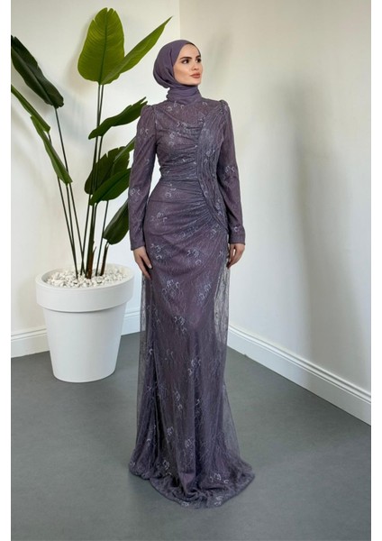 Sahra Dantel Kumaş Astarlı Balık Abiye Lila