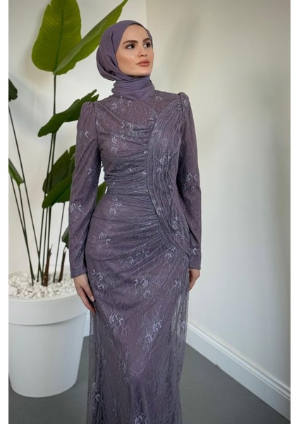Sahra Dantel Kumaş Astarlı Balık Abiye Lila fiyatları