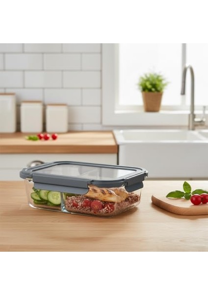 1000ML 2 Bölmeli Borosilikat Cam Yemek Saklama Kabı – Kilitli Sızdırmaz Kapaklı Fırın ve Mikrodalga Uyumlu Cam Saklama Kabı | Sağlıklı Öğle Yemeği Kutusu | Koku ve Leke Tutmaz