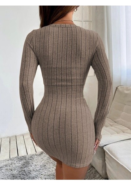 Kadın Uzun Kollu Bisiklet Yaka Şardonlu Kalın Fitilli Kaşkorse Mini Boy Elbise fiyatları