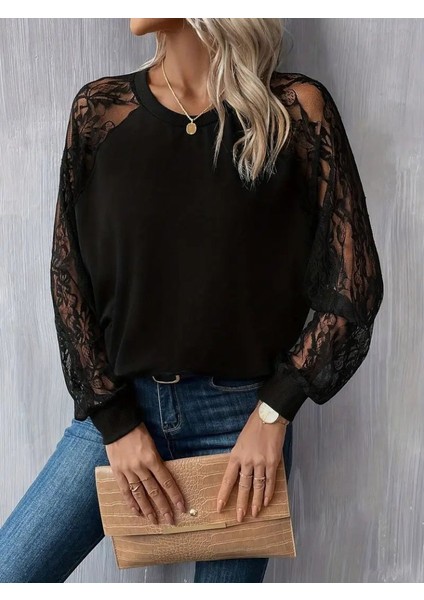 Kadın Uzun Dantel Kollu Bisiklet Yaka Viskon Bluz