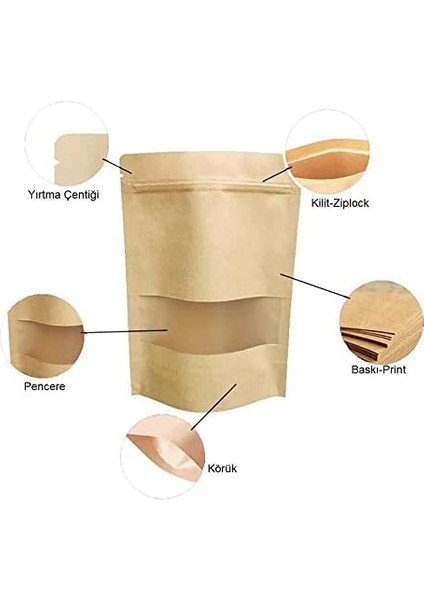 Pencereli Kağıt Doypack (18X29) 50 Adet | Gıda ile Temasa Uygun | Kilitli Kolay Açma Kapama | Bariyerli | Kullanım: Kuruyemiş, Kahve, Baharat ve Mutfak Düzenleyici modelleri