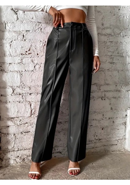 Kadın Önden Fermuarlı Cepli Geniş Kesim Lame Deri Pantolon