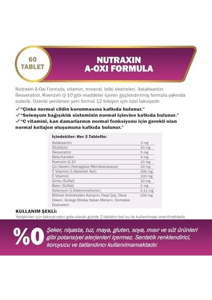 Nutraxin Plus A-Oxi Formula Glutathione + Astaxanthin 60 Tablet Takviye Edici Gıda