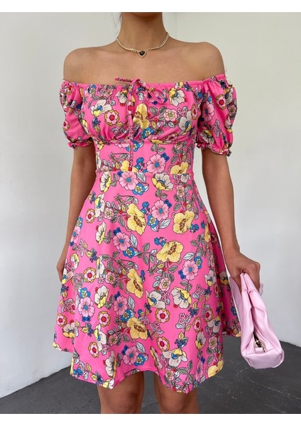 Yakası Lastikli Bağcık Detaylı Mini Elbise -Pembe fiyatları