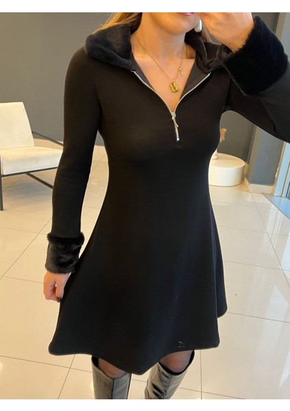 Kadın Uzun Kollu Kürk Yakalı Fermuarlı Kısa Viskon Iki Iplik Elbise fiyatları