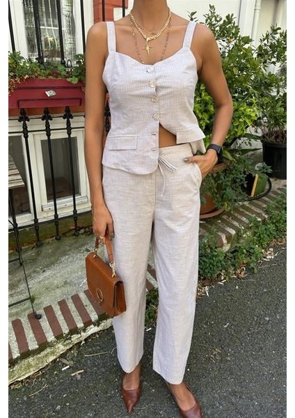 Kalın Askılı Bluz Pantolon Keten Takım 10187 modelleri