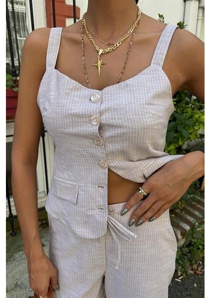 Kalın Askılı Bluz Pantolon Keten Takım 10187