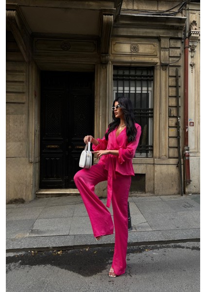 Saten Kruvaze Bağlamalı Bluz- Pantolon Takım - Fuşya fiyatları