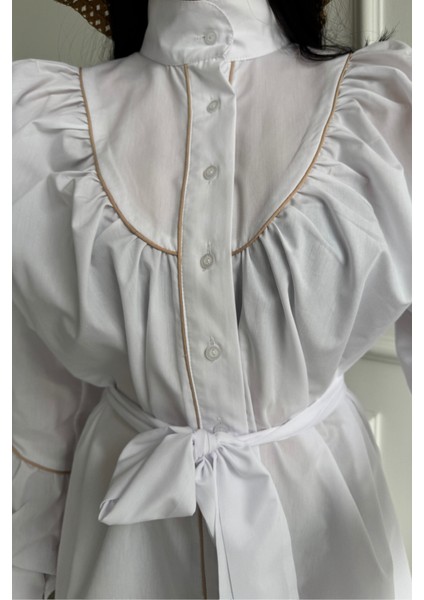Önden Düğmeli Poplin Kloş Elbise Bağlama Kemer Detaylı - Beyaz modelleri