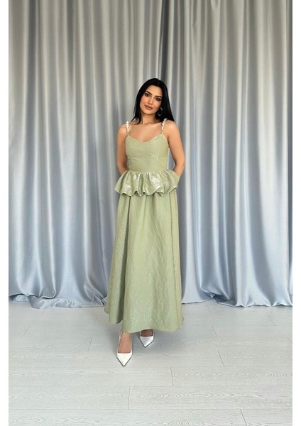 Yeşil Beli Büzgülü Inci Askılı Uzun Elbise fiyatları