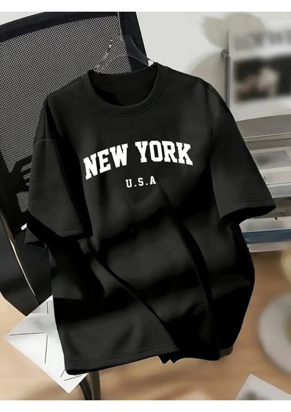 New York Baskılı Oversize Bisiklet Yaka T-Shirt - Siyah