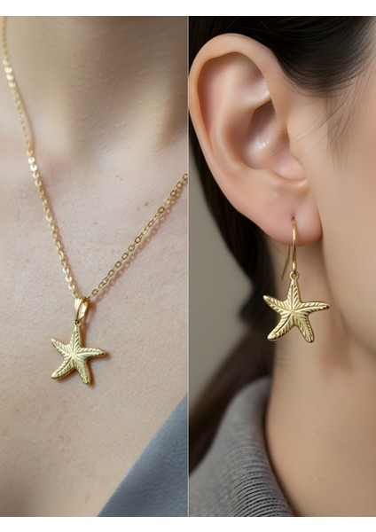Deniz Yıldızı Minimal Zarif Kadın Kolye Küpe Set