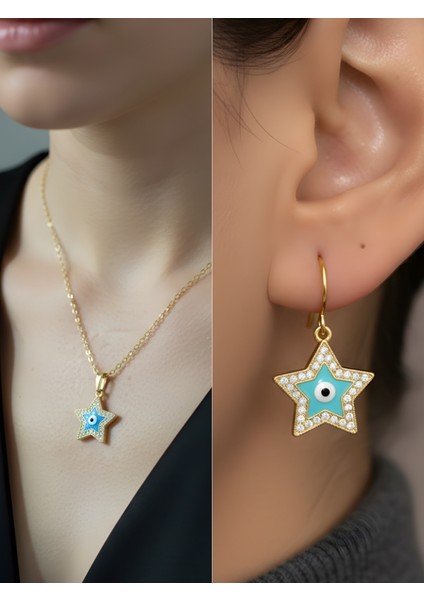 Nazar Yıldız Mavi Detay Kadın Kolye Küpe Set