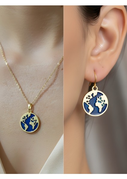 Dünya Haritası Modern Detay Kadın Kolye Küpe Set