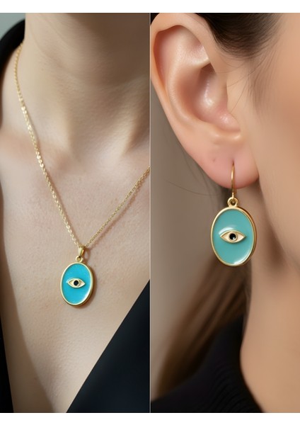Turkuaz Nazar Oval Minimal Kadın Kolye Küpe Set