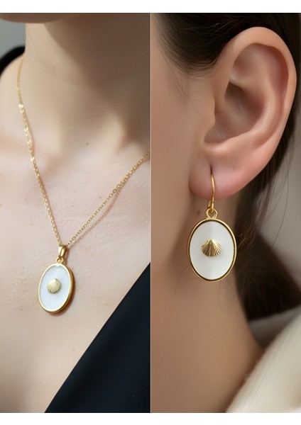 Beyaz Oval Deniz Kabuğu Detay Kadın Kolye Küpe Set