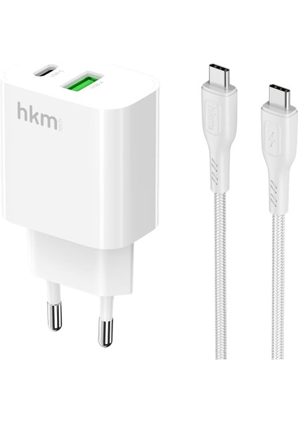 Hkm Tech Bolt Duo 20W Usb-A ve Type-C Çift Portlu Hızlı Şarj Aleti, Type-C Kablo ve Adaptör Seti, Beyaz