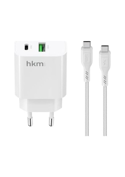 Hkm Tech Bolt Duo 20W Usb-A ve Type-C Çift Portlu Hızlı Şarj Aleti, Type-C Kablo ve Adaptör Seti, Beyaz fiyatları