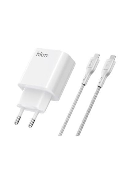 Hkm Tech Bolt Duo 20W Usb-A ve Type-C Çift Portlu Hızlı Şarj Aleti, Type-C Kablo ve Adaptör Seti, Beyaz modelleri