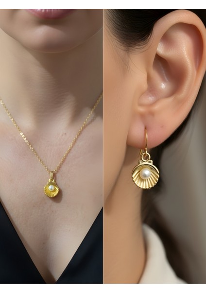 Inci Deniz Kabuğu Detay Kadın Kolye Küpe Set