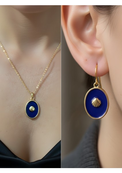 Lacivert Oval Deniz Kabuğu Kadın Kolye Küpe Set