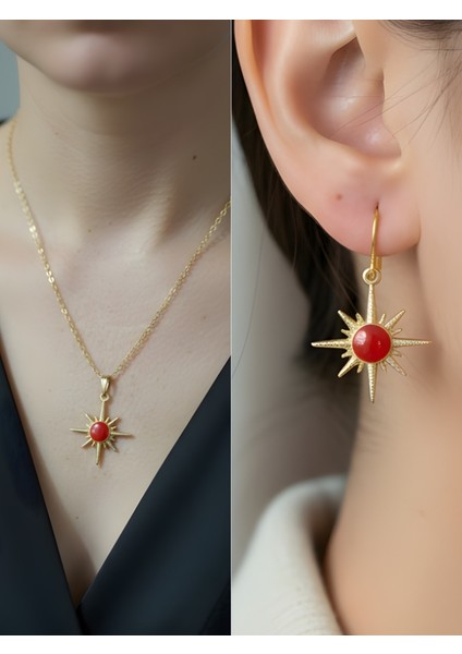 Kırmızı Taş Güneş Gösterişli Kadın Kolye Küpe Set