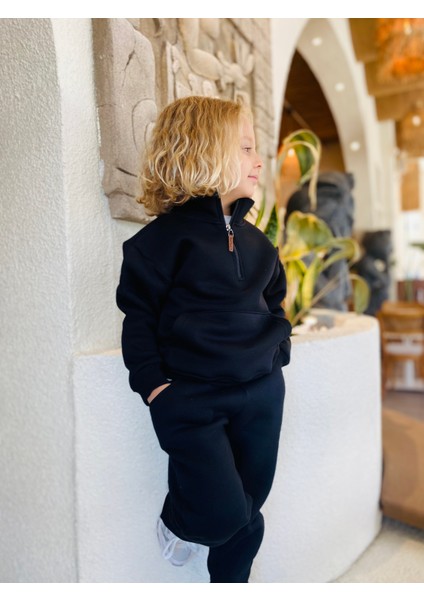 Erkek / Kız Çocuk Dik Yaka Sweatshirt Kangru Cepli 3 Iplik Şardonlu