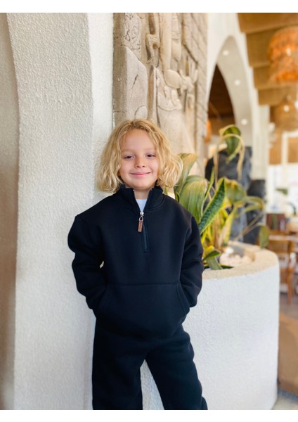 Erkek / Kız Çocuk Dik Yaka Sweatshirt Kangru Cepli 3 Iplik Şardonlu