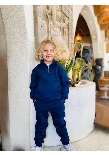 Erkek / Kız Çocuk Dik Yaka Sweatshirt Kangru Cepli 3 Iplik Şardonlu