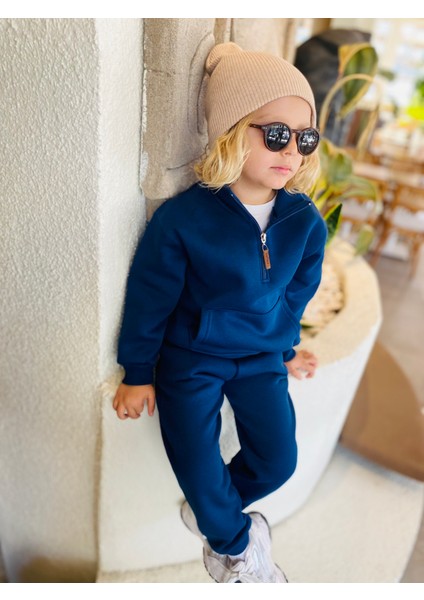 Erkek / Kız Çocuk Dik Yaka Sweatshirt Kangru Cepli 3 Iplik Şardonlu