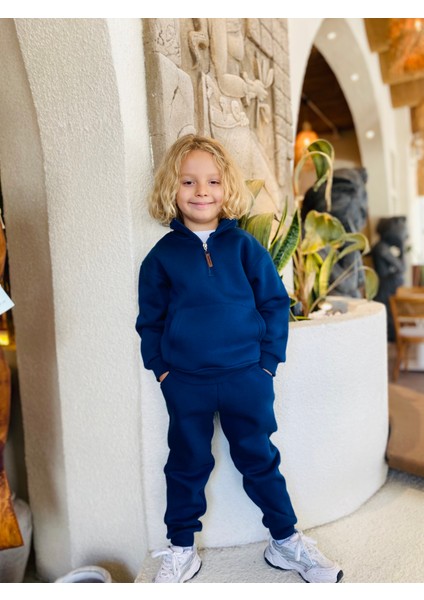 Erkek / Kız Çocuk Dik Yaka Sweatshirt Kangru Cepli 3 Iplik Şardonlu