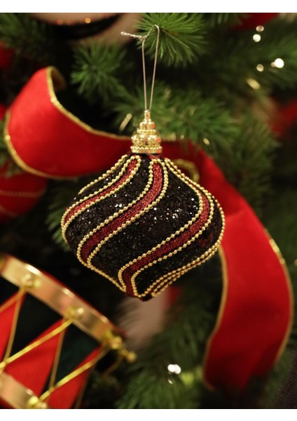 Yılbaşı Topu Altın Şeritli Payetli Siyah-Bordo Damla Çam Ağacı Süsü 10 cm 2'li