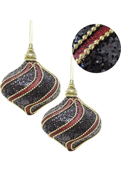 Yılbaşı Topu Altın Şeritli Payetli Siyah-Bordo Damla Çam Ağacı Süsü 10 cm 2'li fiyatları