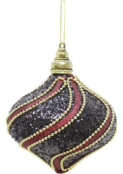Yılbaşı Topu Altın Şeritli Payetli Siyah-Bordo Damla Çam Ağacı Süsü 10 cm 2'li modelleri