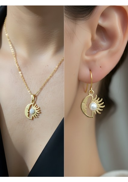 Ay Güneş Inci Detay Kadın Kolye Küpe Set