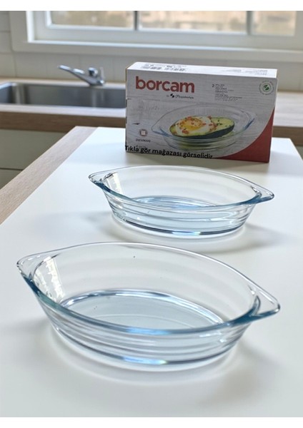 Borcam Küçük Oval Servis Kase Bor Cam Kayık Kek Yemek Sunum Fırın Kasesi Kalıbı 530CC 2 Adet